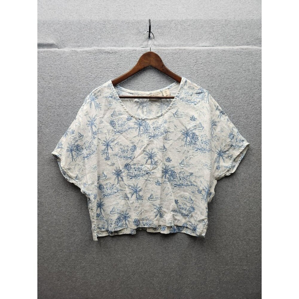 Martha Stewart Collection 100% Linen Blue & White Graphic Print Womens Top L